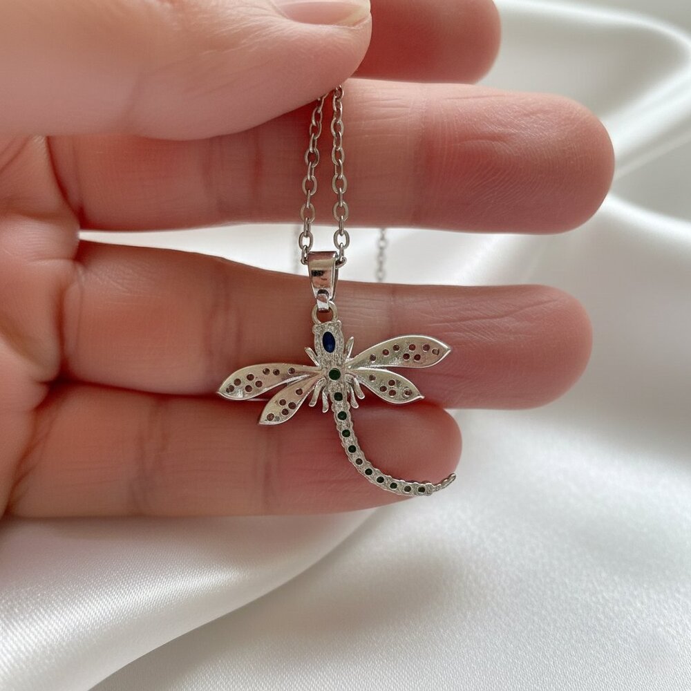 Dragonfly Insect Blue Green Clear CZ Silver Sparkly Fashion Pendant Necklace - Picture 4 of 8